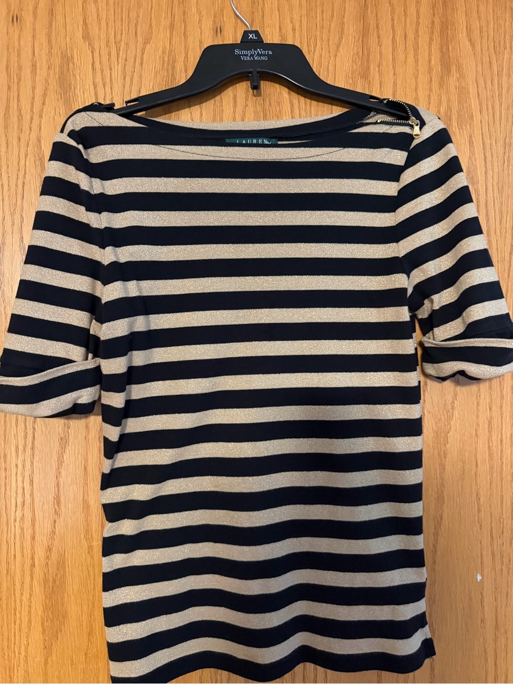 Ralph Lauren Navy and Gold Striped Boatneck Top